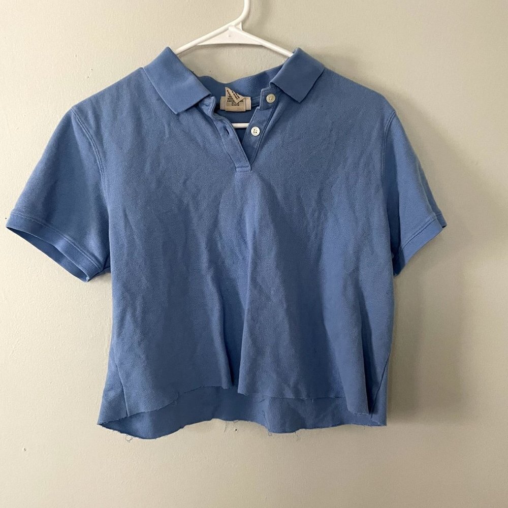 L.L.Bean blue collared cropped short sleeved top vintage shirt cotton style